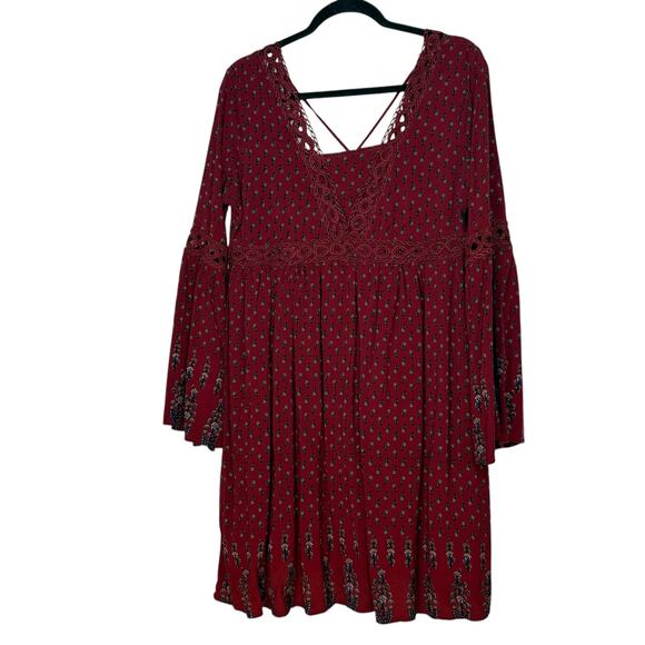 Suzanne Betro deep red BOHO bell sleeve knee length dress - 1X see measurements - Picture 1 of 7